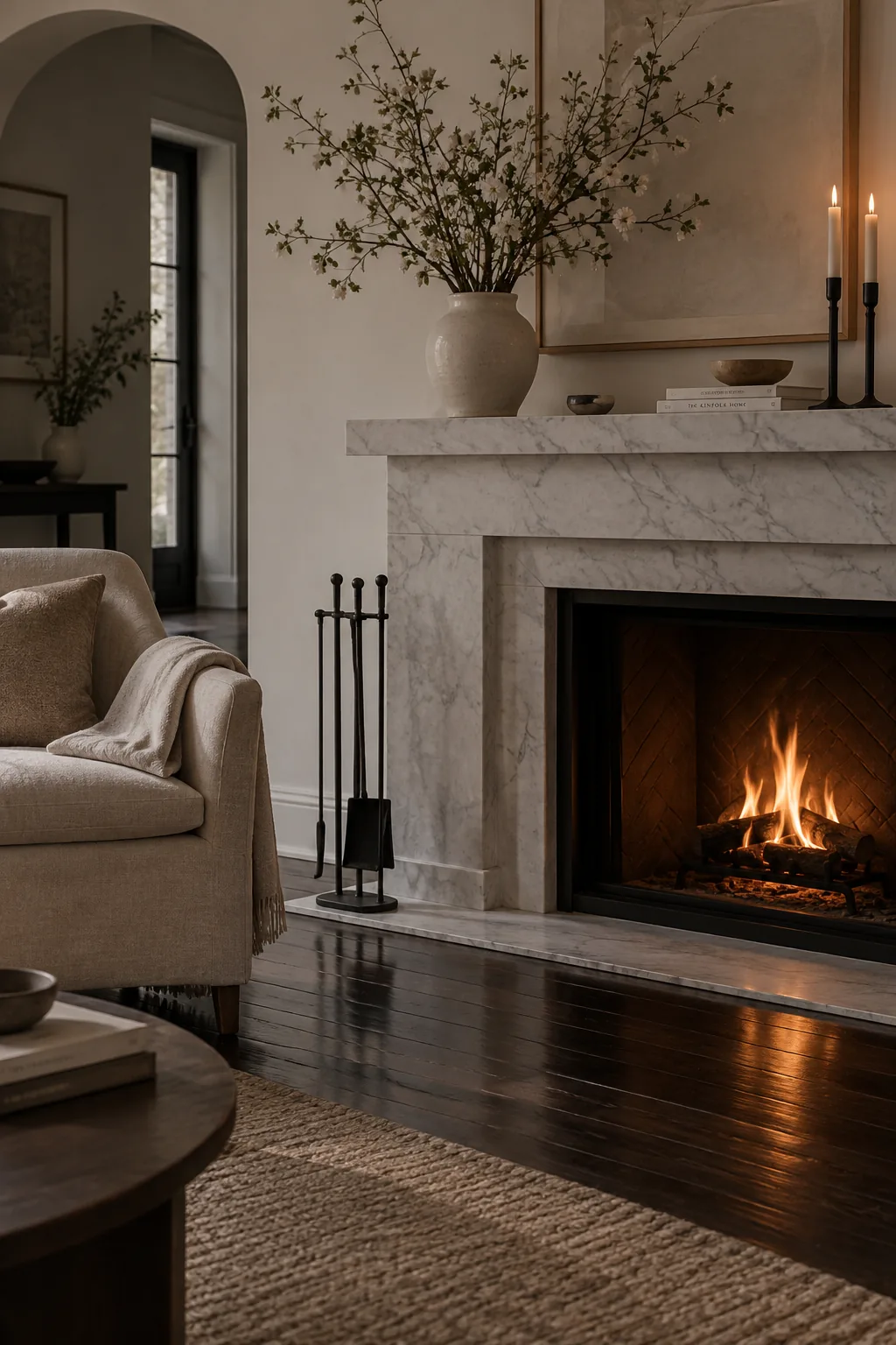 Honed marble fireplace surround in a living room with glossy dark floors