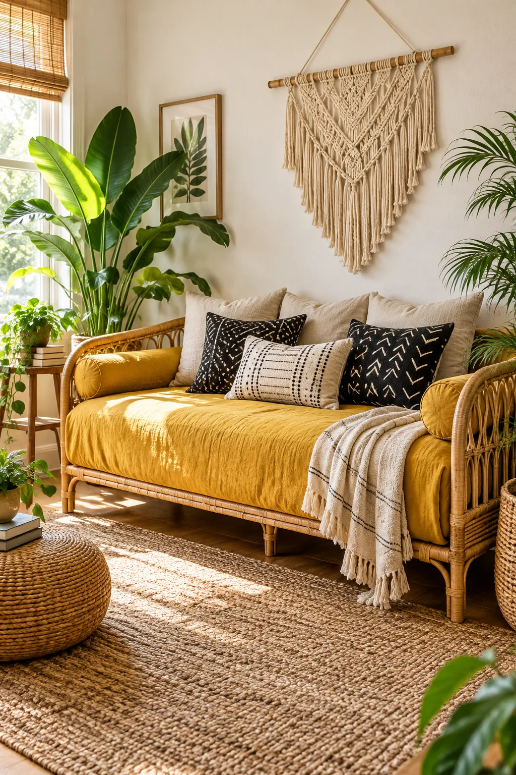 A rattan daybed styled with a mustard yellow cover and mudcloth pillows in a sunny room.