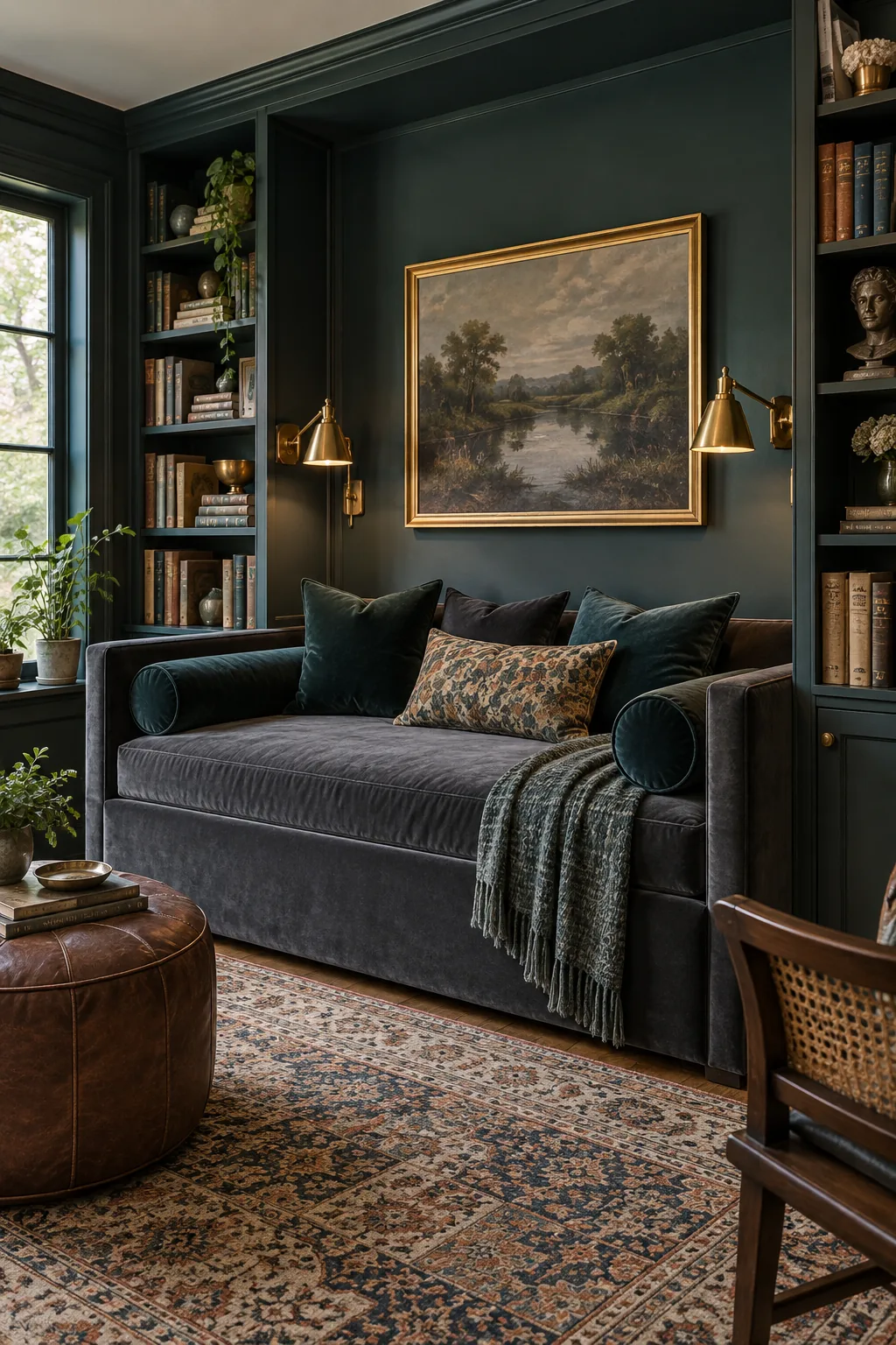 A charcoal velvet daybed tucked between bookshelves in a dark teal room.