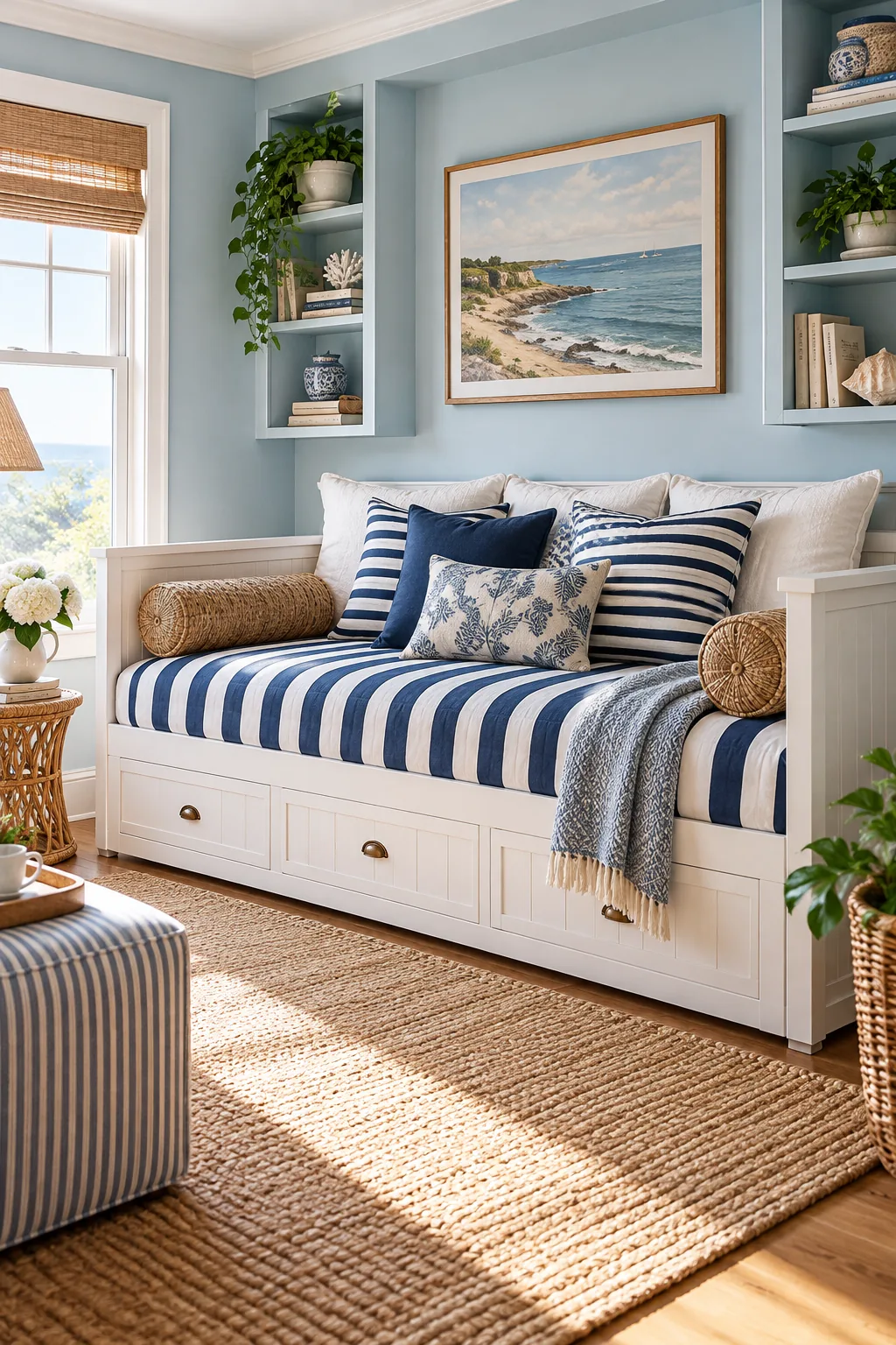 A white beadboard daybed with navy and white striped bedding in a light blue room.