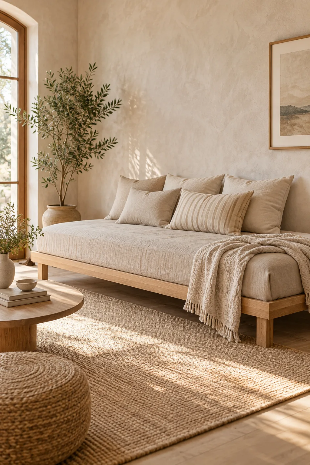 A light oak platform daybed with oatmeal linen bedding against a bare plaster wall.