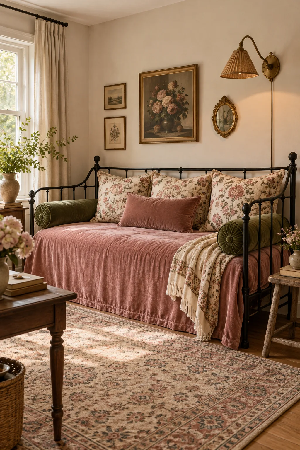 A black wrought iron daybed with a faded rose velvet coverlet and floral pillows.
