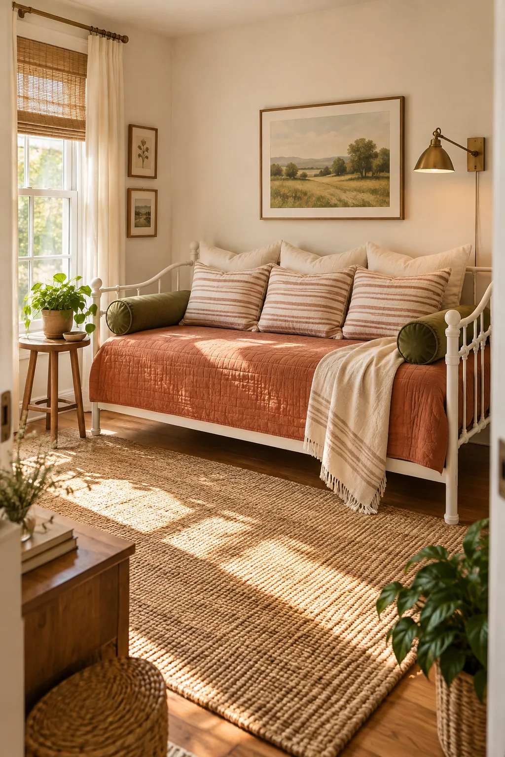 Close-up of a terracotta coverlet folded crisply around the front corner of a mattress on a white metal frame.