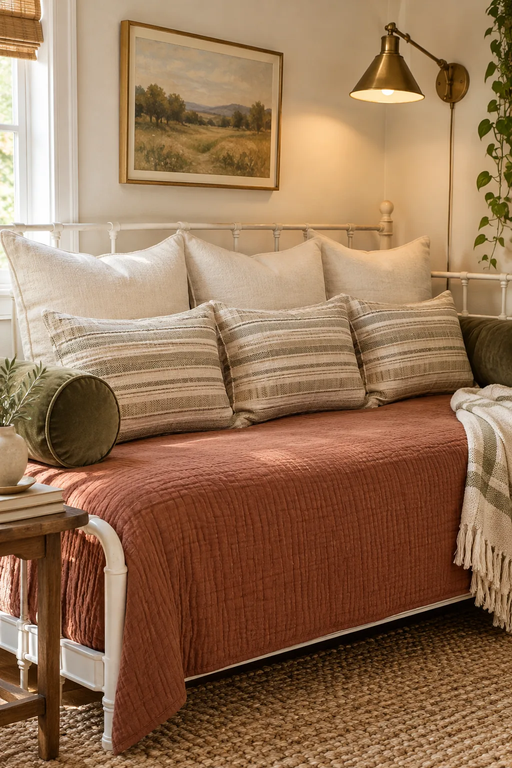 Three striped standard shams leaning against three cream Euro shams on a daybed to create a thick backrest.