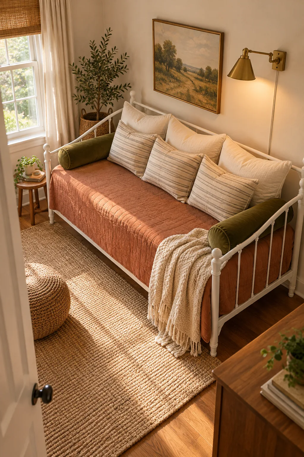 A brass plug-in wall sconce shining light over an olive green bolster pillow on a daybed.