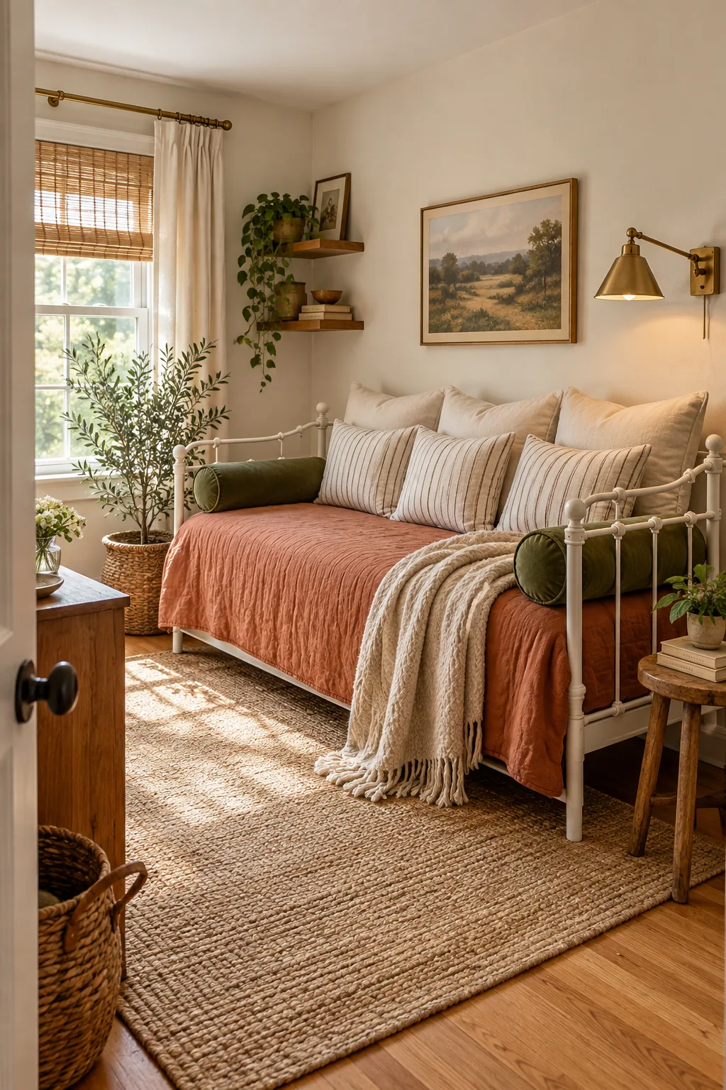 A beautifully styled daybed with terracotta bedding and green pillows looking exactly like a sofa in a bright guest room.