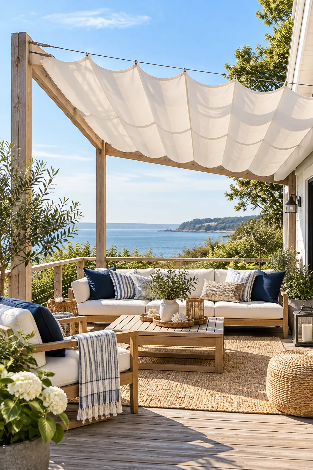 White retractable canopy over a light wood deck styled with navy blue pillows.