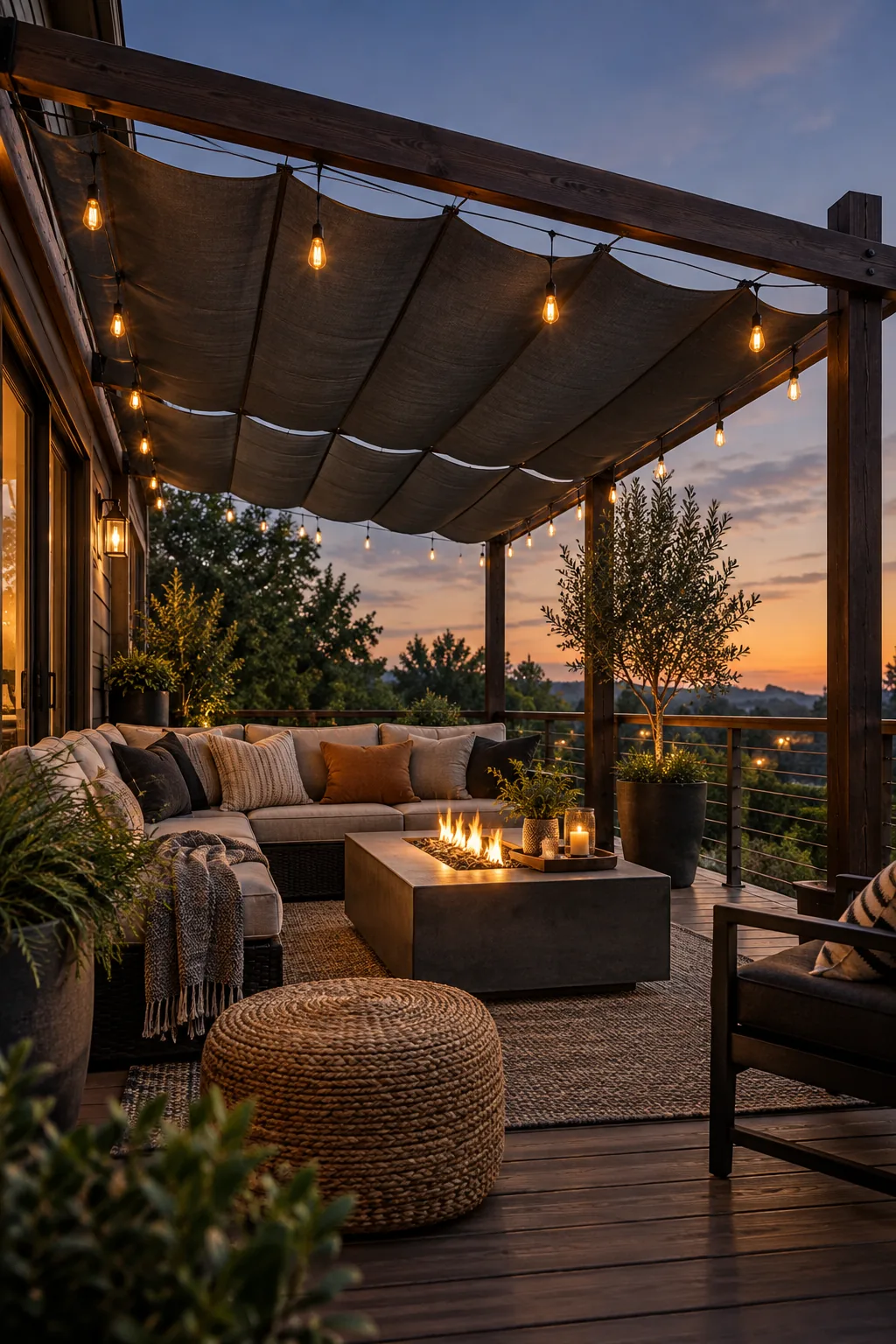 Charcoal grey canvas canopy over a dark stained wooden pergola with string lights.