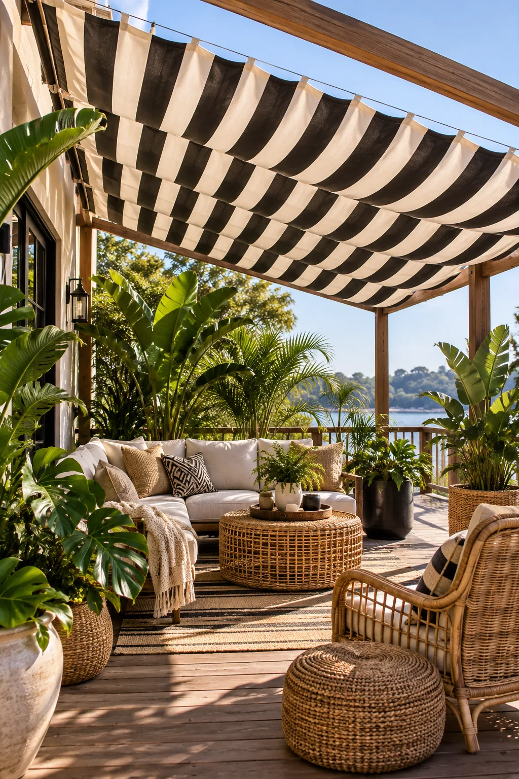 Black and white striped retractable canopy over rattan furniture and tropical plants.
