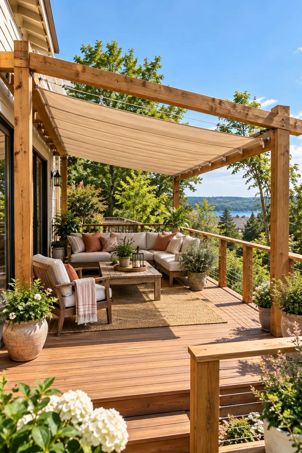 Wooden pergola frame over a deck showing a downward angle away from the house.