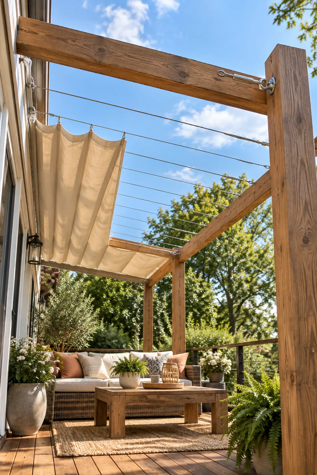 Parallel steel cables stretched tightly between wooden pergola beams against a blue sky.