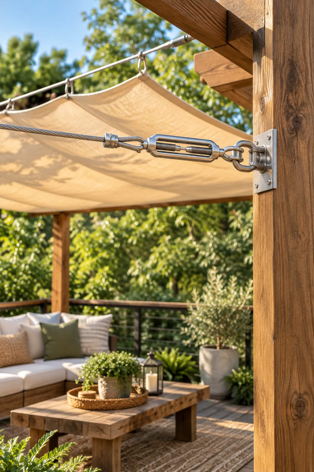 Stainless steel turnbuckle hardware connecting a steel cable to a wooden post.