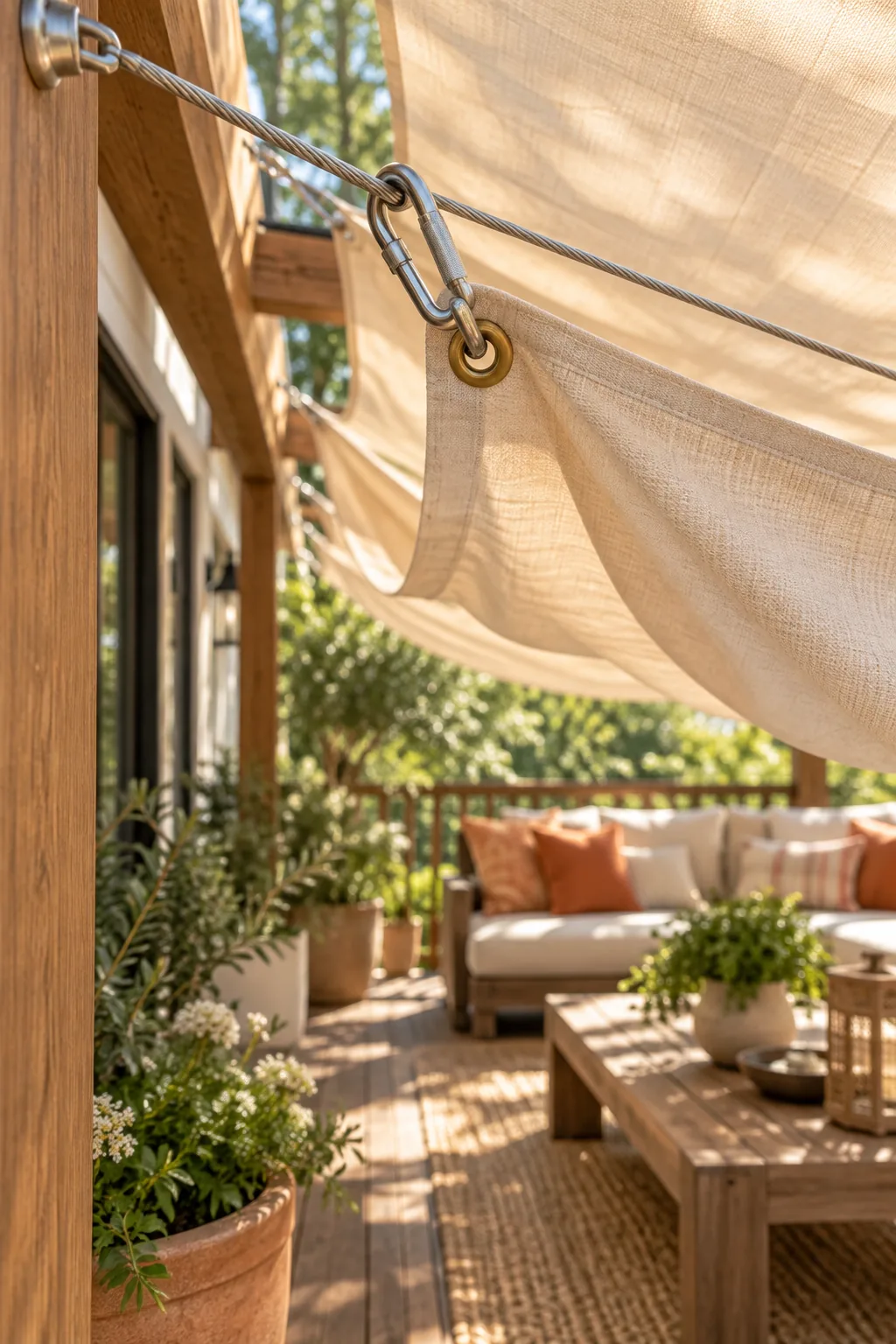 Thick beige canvas canopy filtering bright afternoon sunlight over outdoor furniture.
