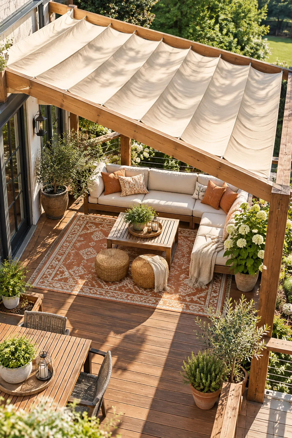Cozy outdoor living space with wooden furniture and terracotta pillows under a canvas canopy.