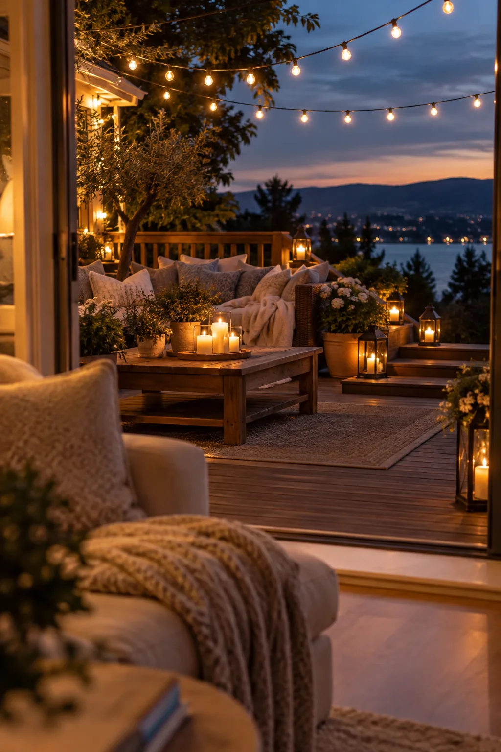 Deck illuminated at night by string lights, lanterns, and candles