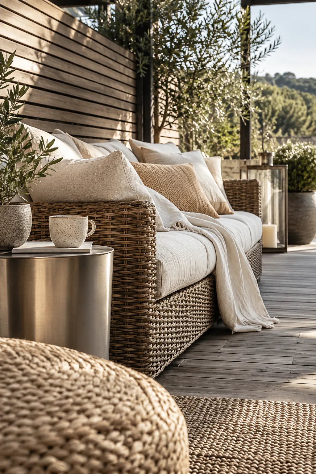 Woven rattan outdoor sofa paired with a sleek metal side table