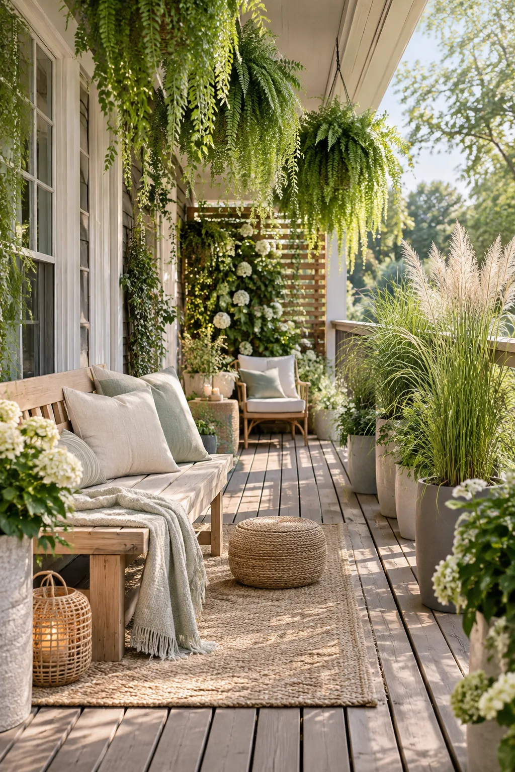 Deck railing lined with tall grasses and hanging ferns