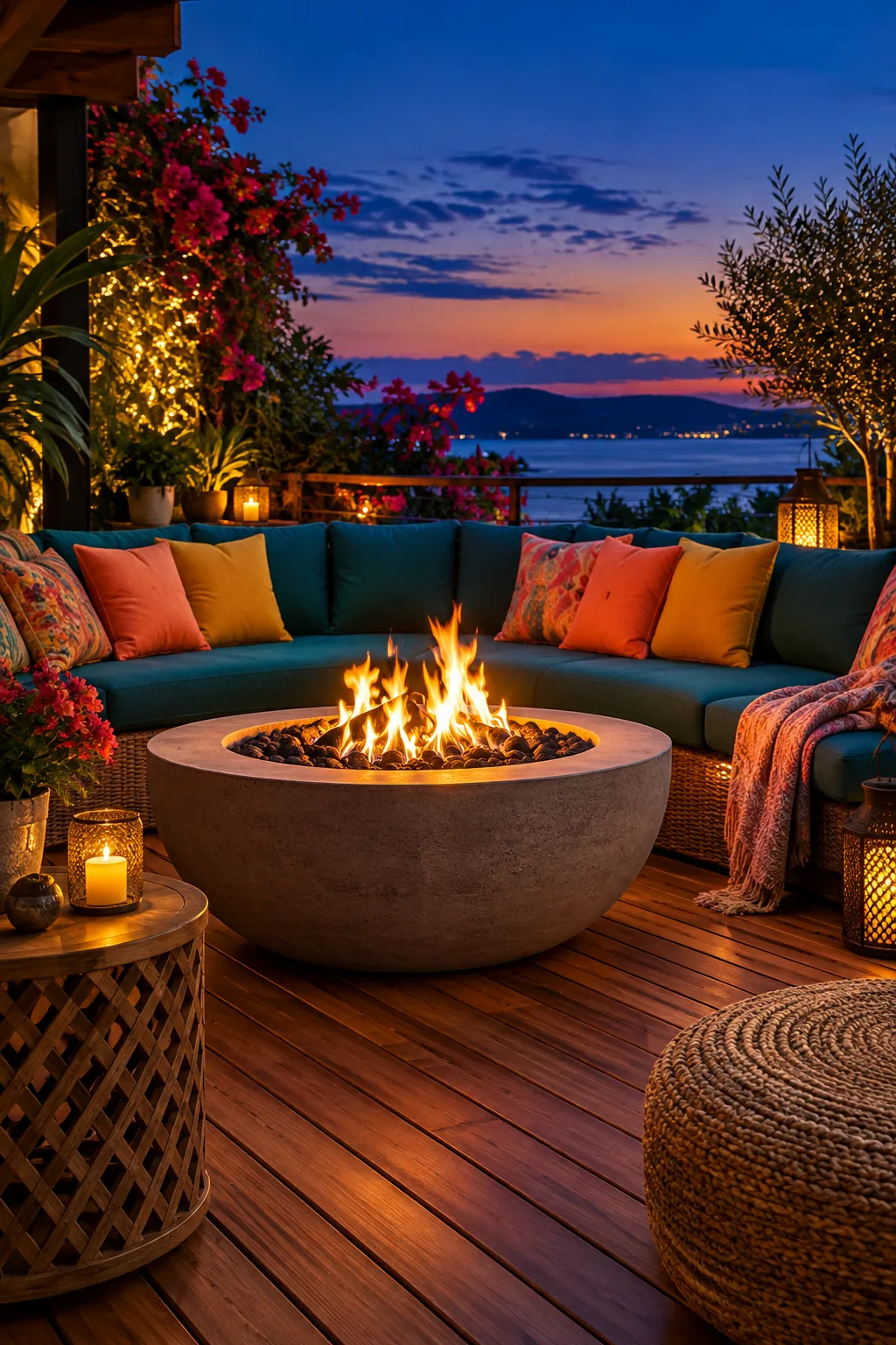 Curved outdoor sectional arranged around a heavy concrete fire bowl