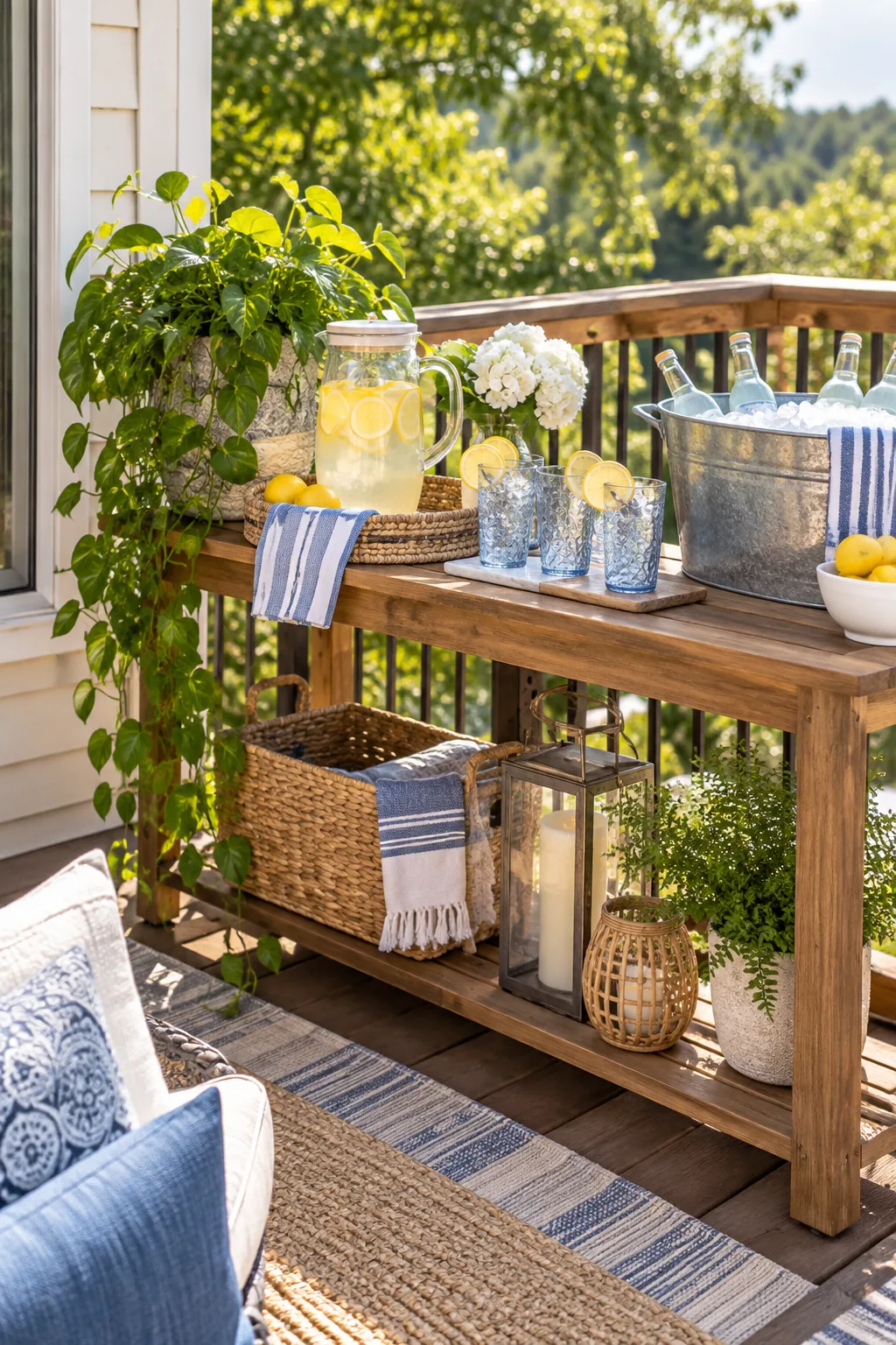 Narrow console table on a deck styled as a beverage station