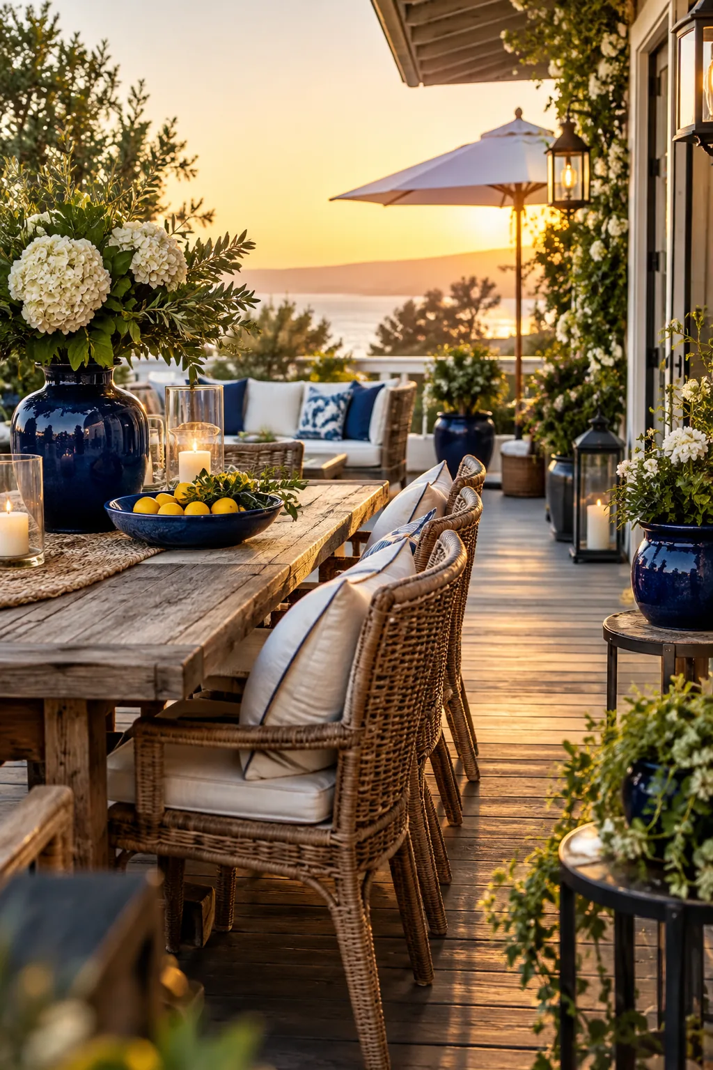 Deck featuring navy blue planters, pillows, and ceramics