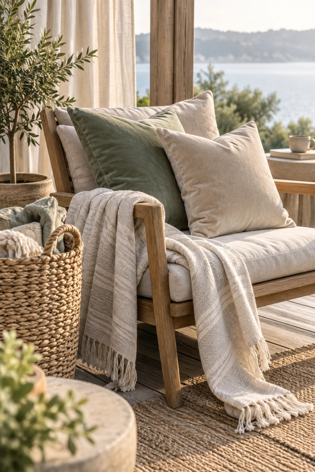 Outdoor lounge chair styled with velvet pillows and a cotton throw