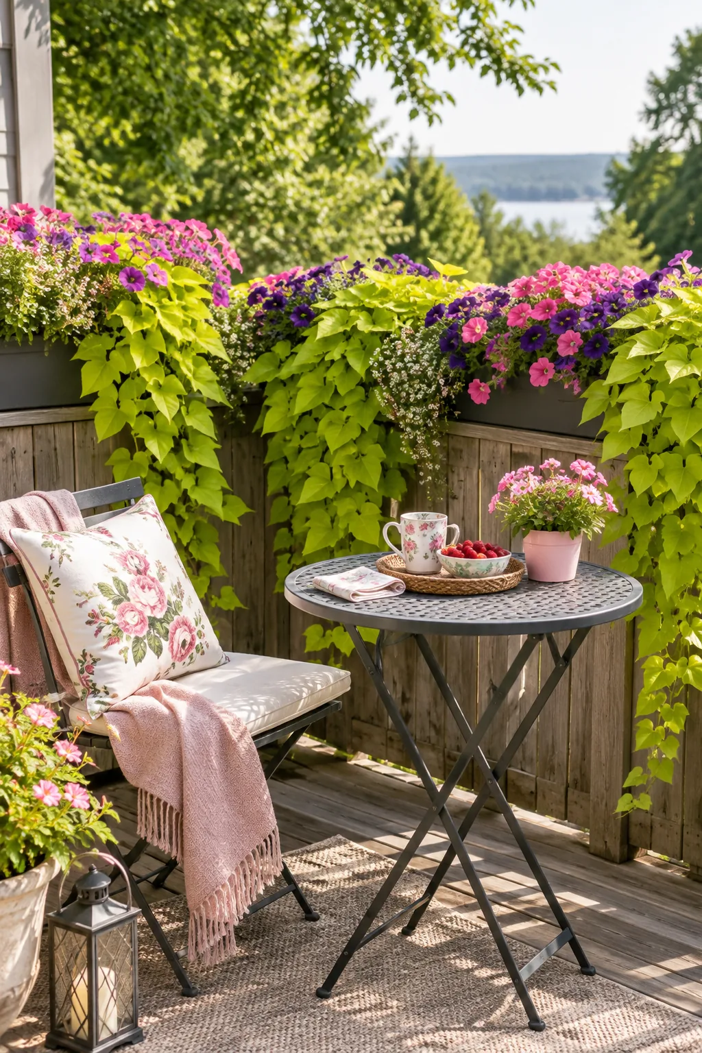 Long rectangular planter boxes mounted on a wooden deck rail