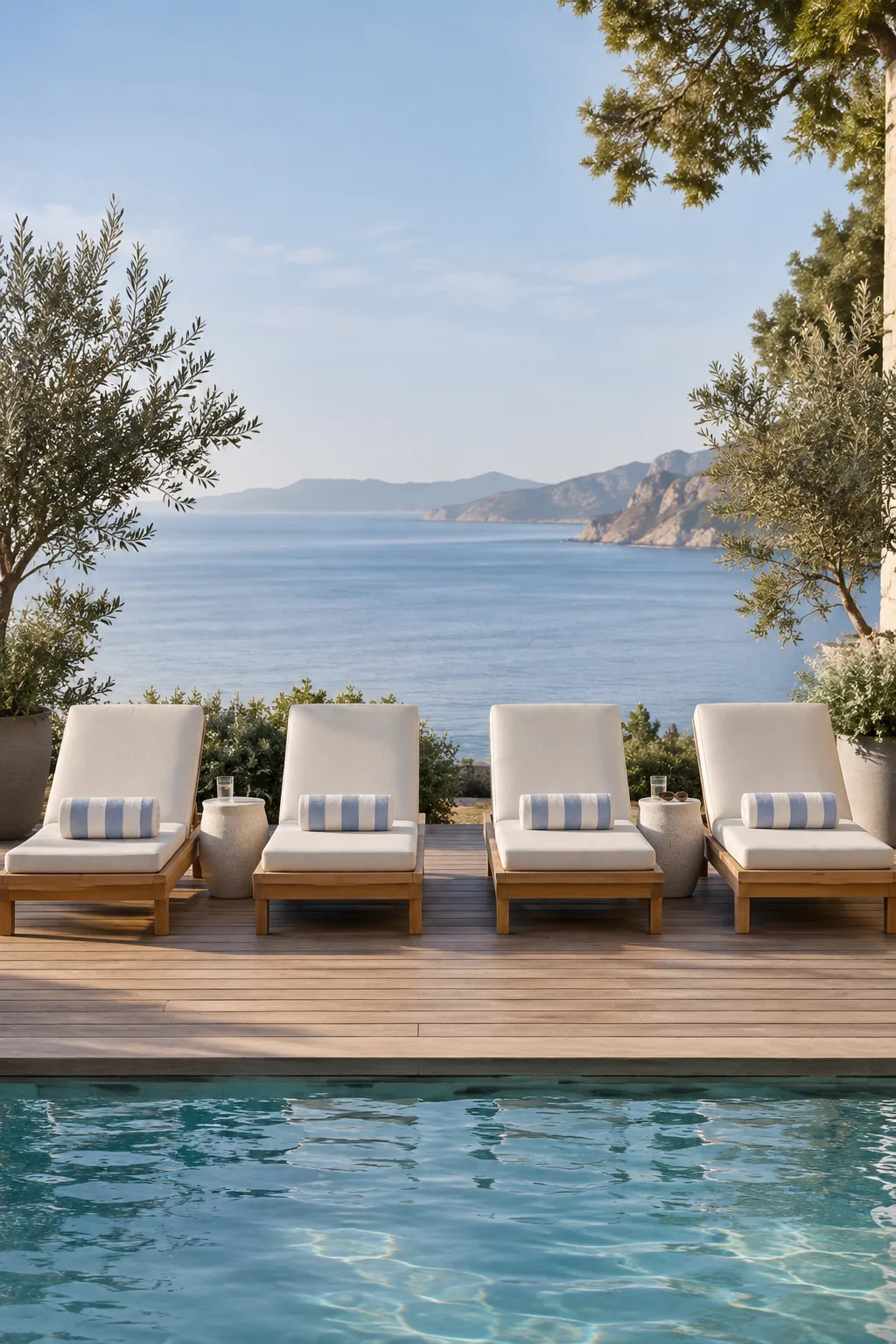 Four identical teak lounge chairs lined up on a narrow deck