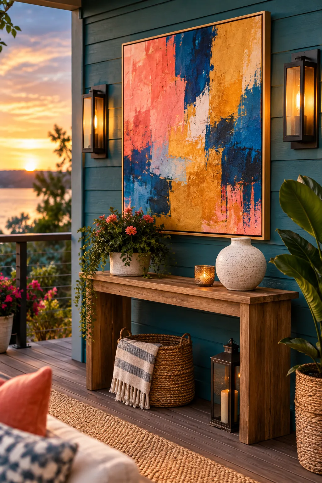 Weatherproof canvas art hanging on an exterior house wall above a deck