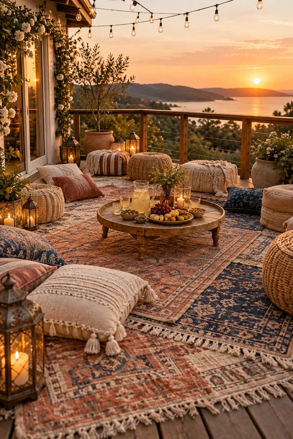 Deck floor covered in overlapping vintage rugs and sturdy poufs