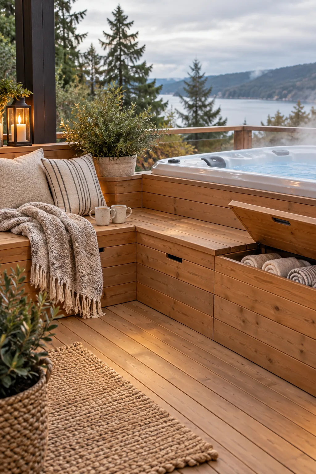 Hot tub in a deck corner surrounded by built-in wooden benches