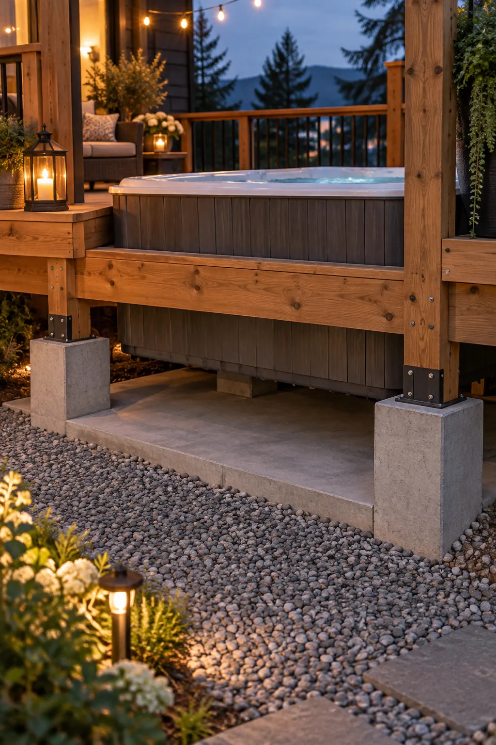 Hot tub resting on a concrete pad inside a wooden deck frame cutout