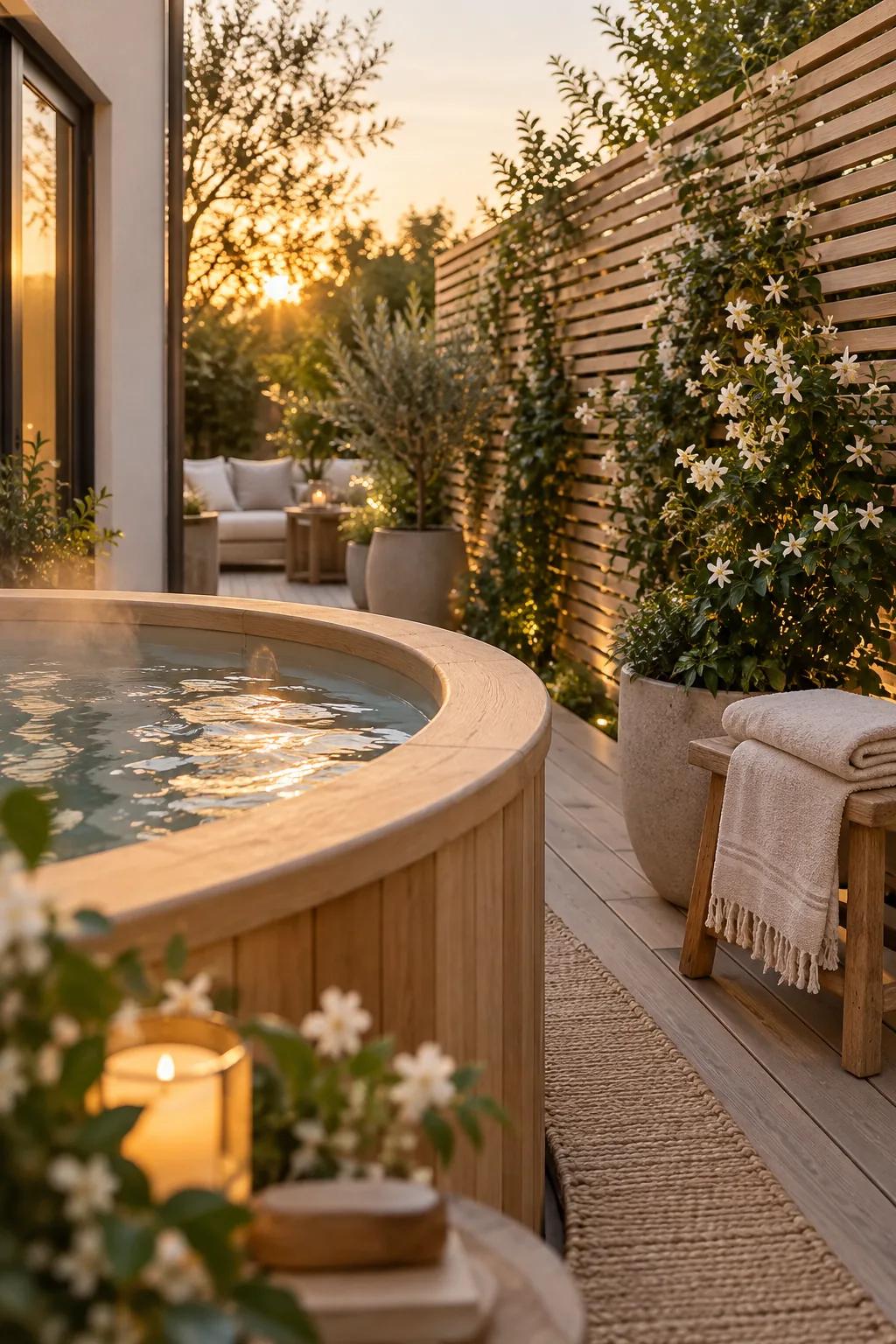 Hot tub on a deck with a wooden slatted privacy screen covered in vines