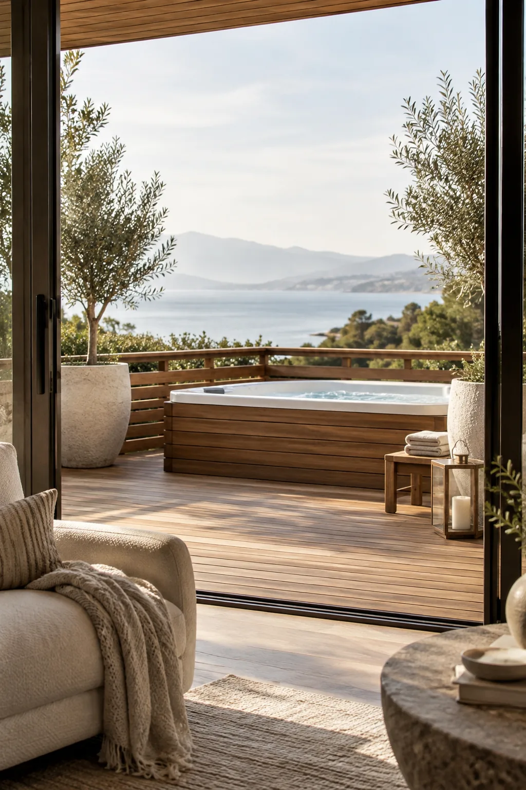Above ground hot tub wrapped in horizontal cedar slats on a deck