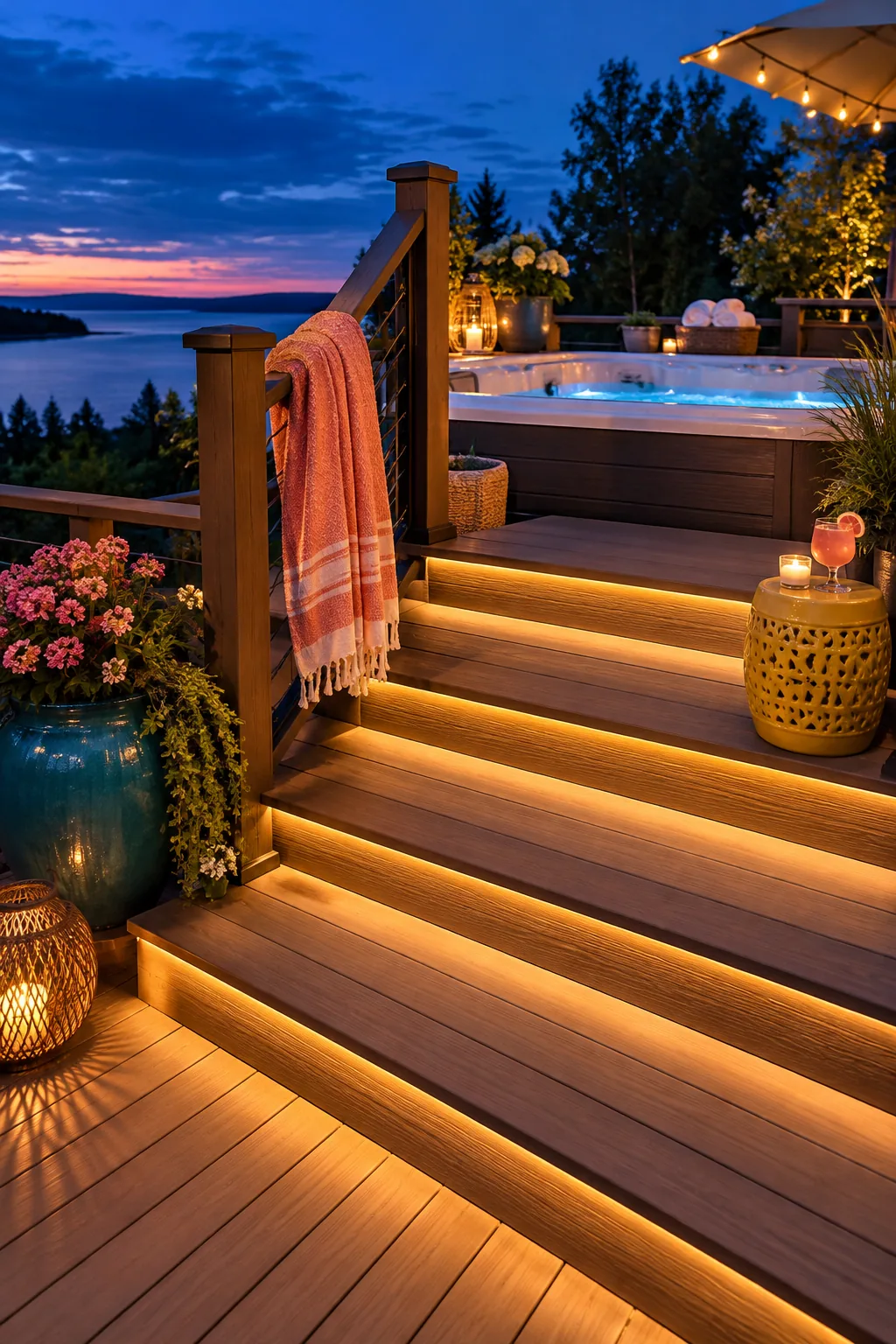 Wide composite decking stairs leading up to an above ground hot tub