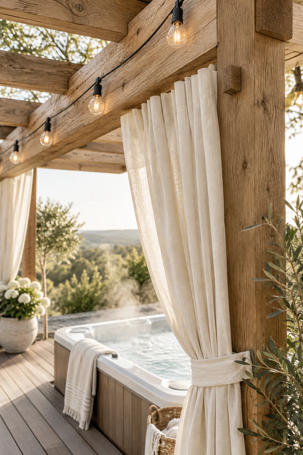 Wooden pergola with string lights and curtains over a deck hot tub