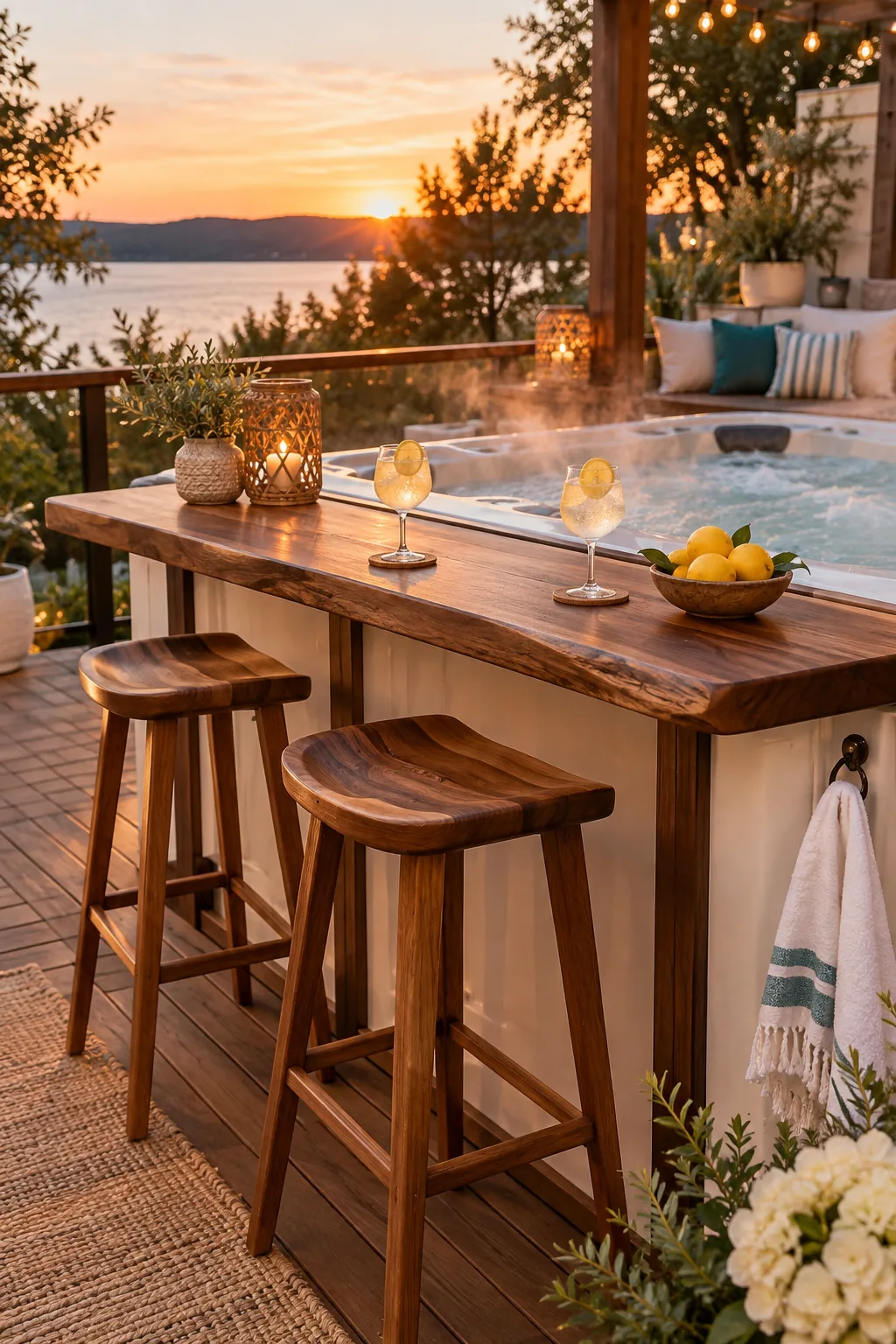 Wooden bar counter with tall stools attached to the side of a hot tub