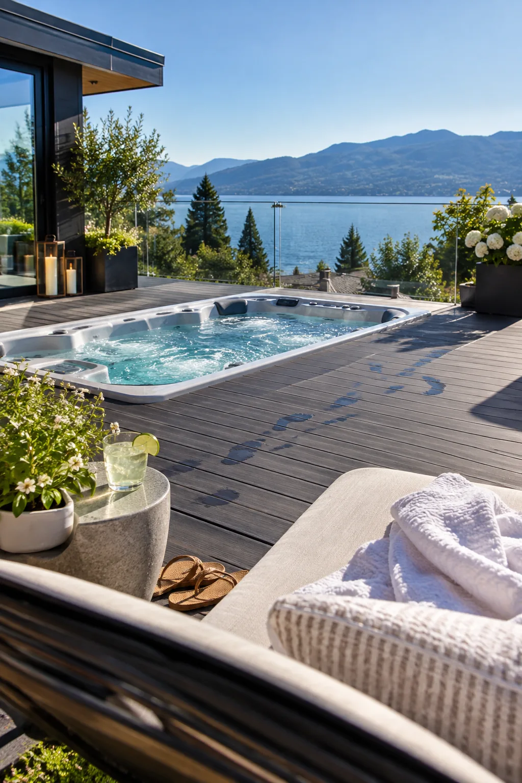 Dark grey composite deck with a bright blue hot tub and glass railings