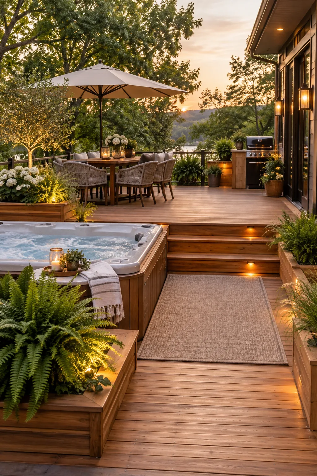 Multi-level deck with patio furniture on top and a hot tub on the lower tier