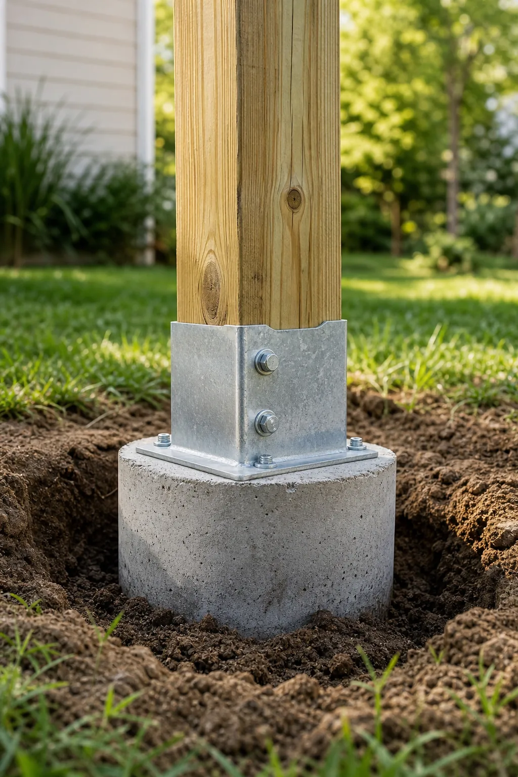 Cylindrical concrete pier footing set into the ground with a metal bracket on top.