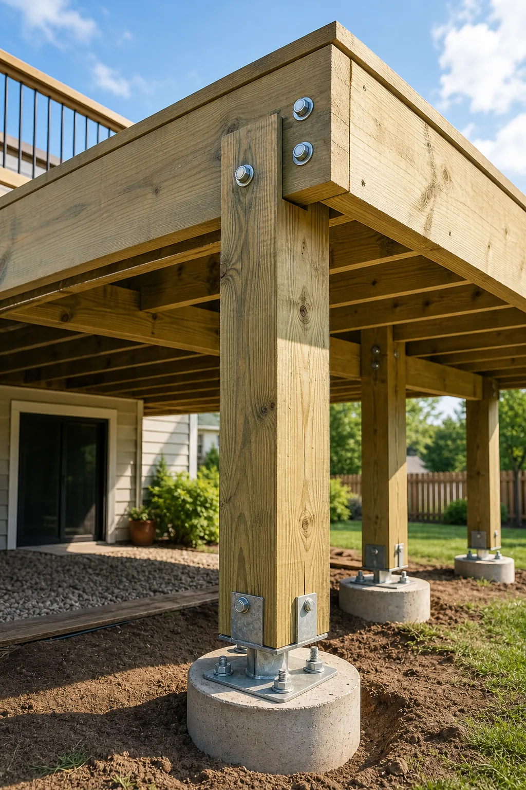 Thick 6x6 treated wood posts anchored to concrete footings.