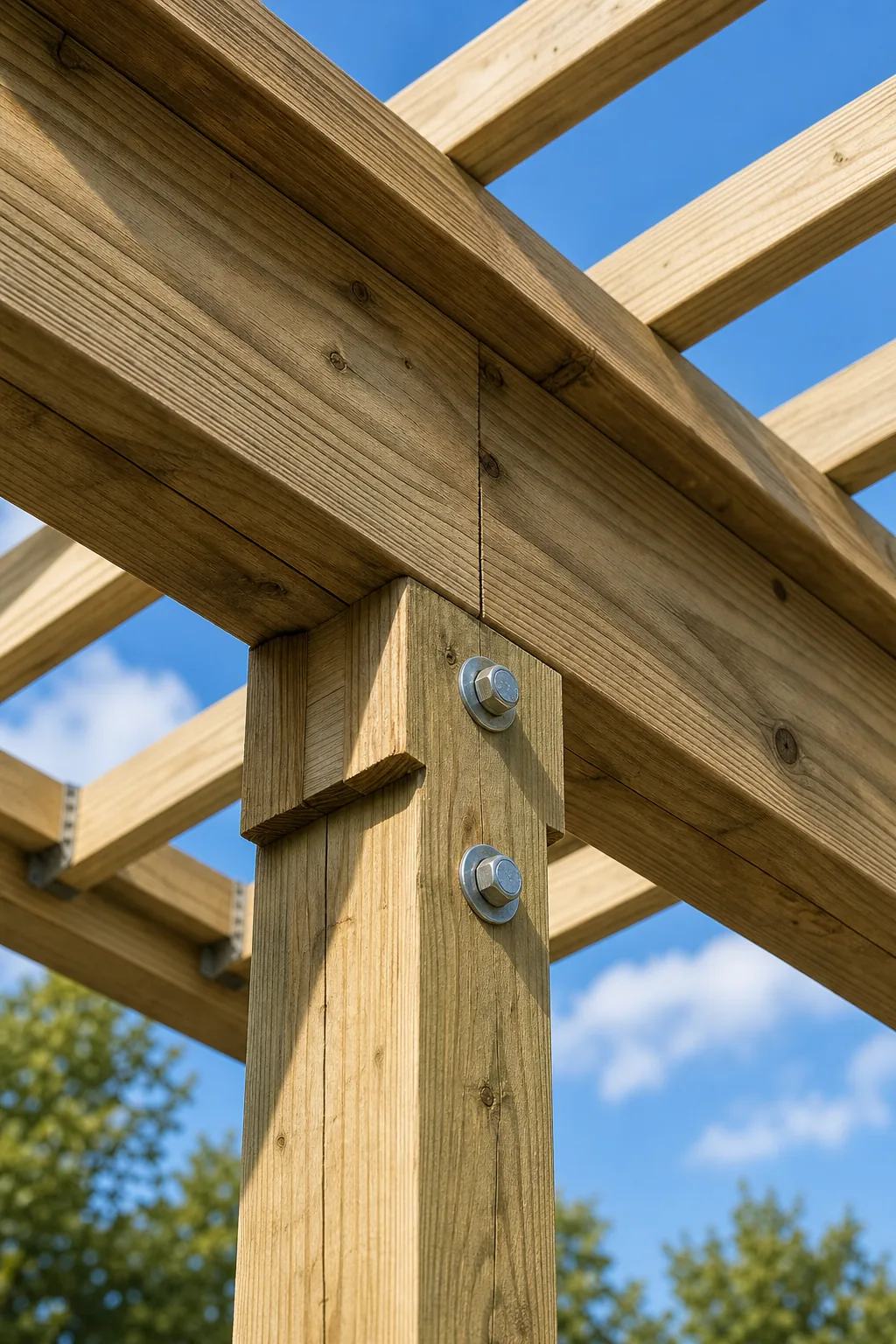 Heavy double-ply wooden beam resting in a notched support post.