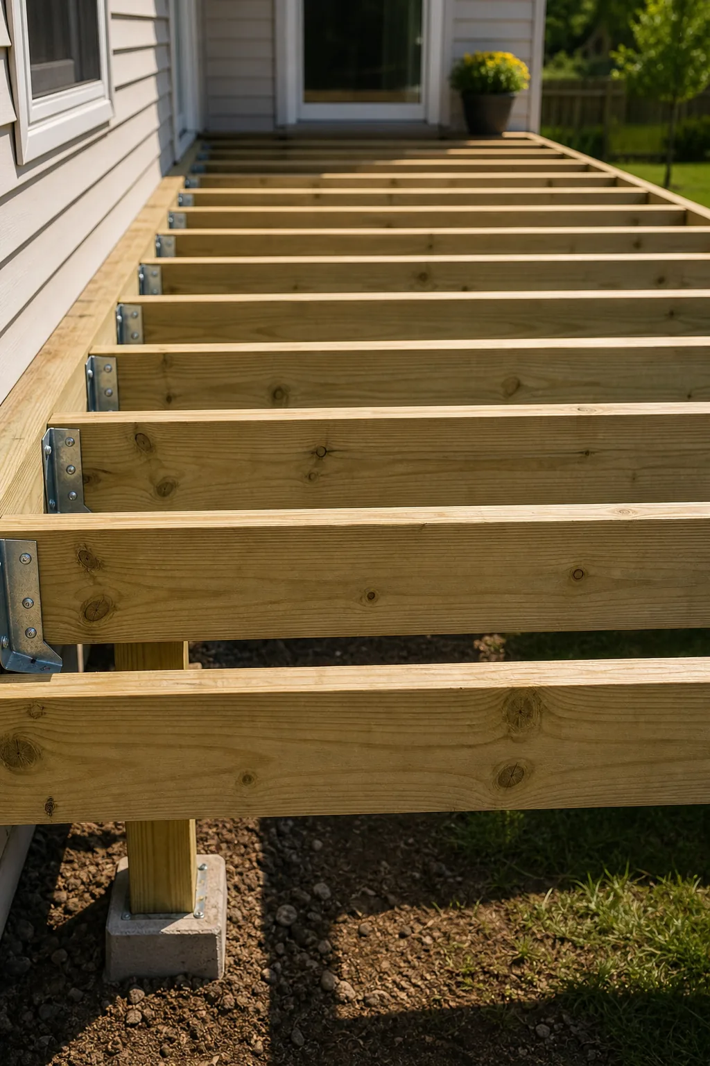 Parallel wooden deck joists viewed from above.