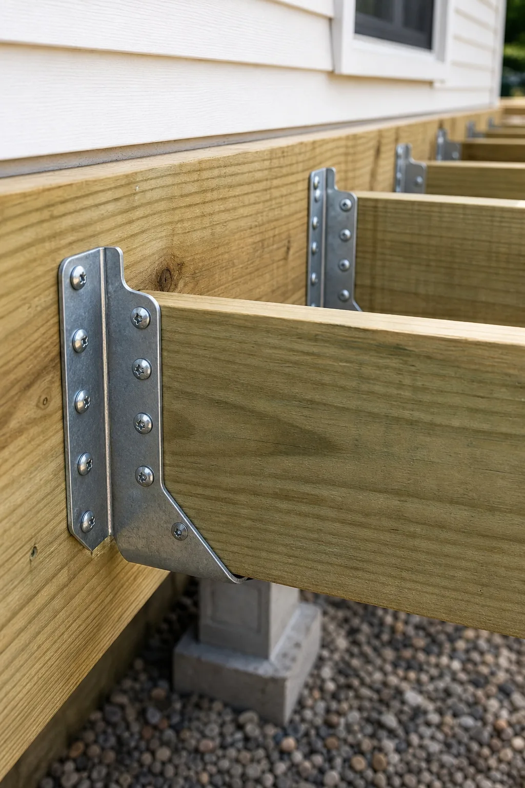 Galvanized steel joist hangers connecting wooden joists to a ledger board.