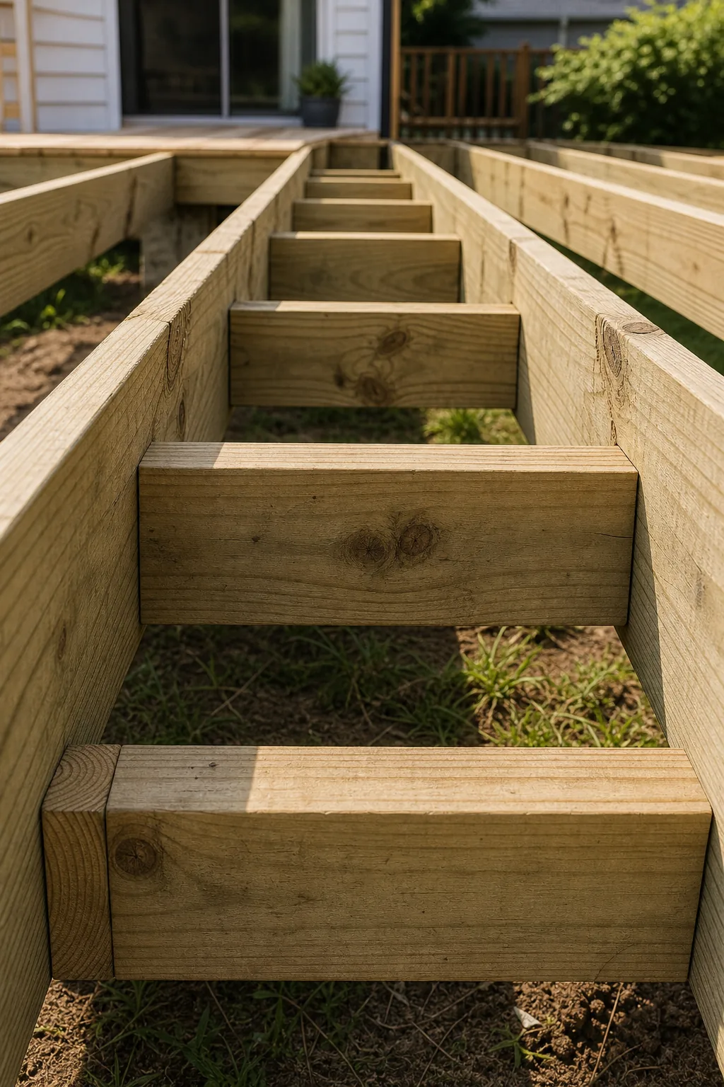 Staggered solid wood blocks installed perpendicularly between deck joists.