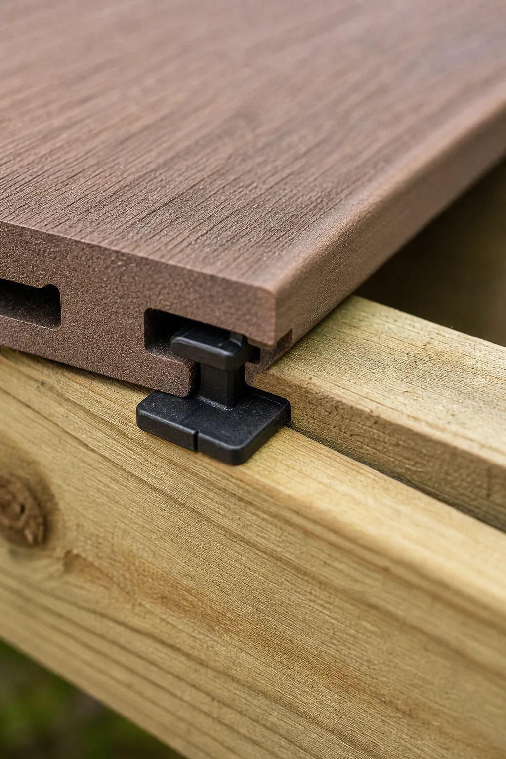 Black hidden fastener clip fitted into the groove of a composite deck board.