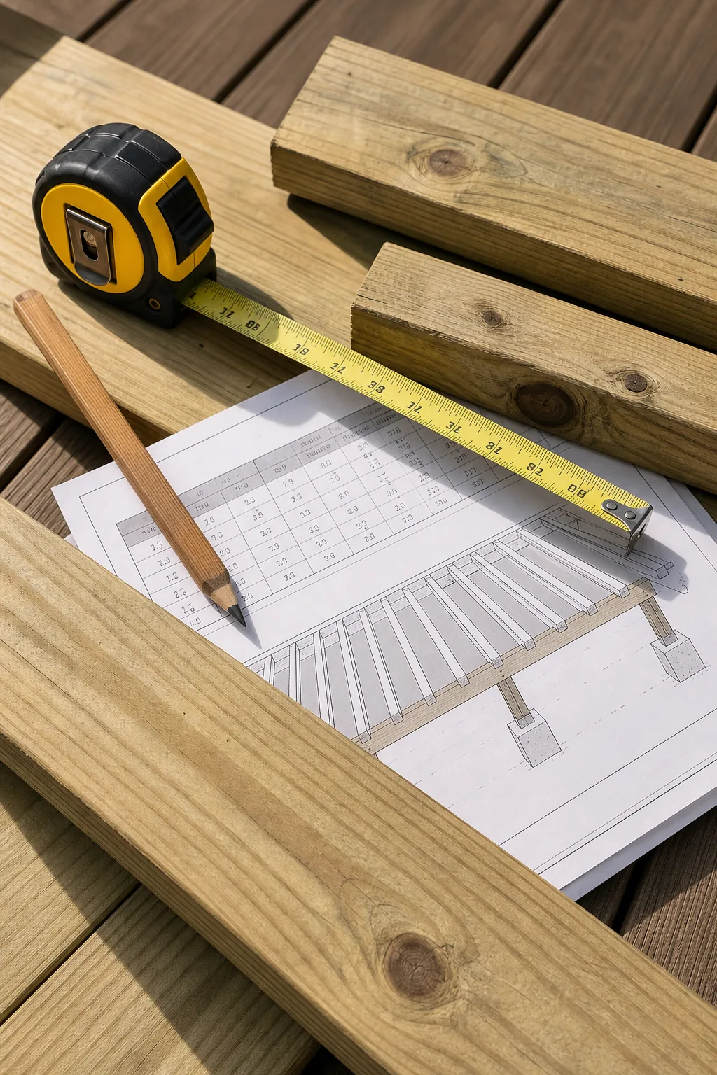 Tape measure, pencil, and span tables resting on fresh lumber.