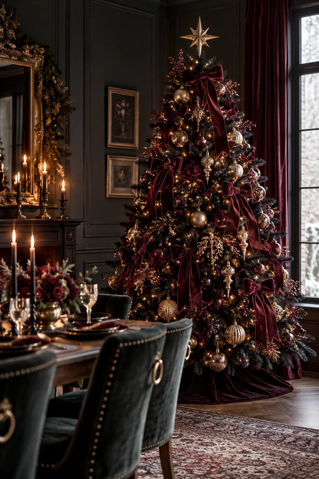 Black Christmas tree decorated with burgundy velvet ribbon and antique gold ornaments in a dark room.