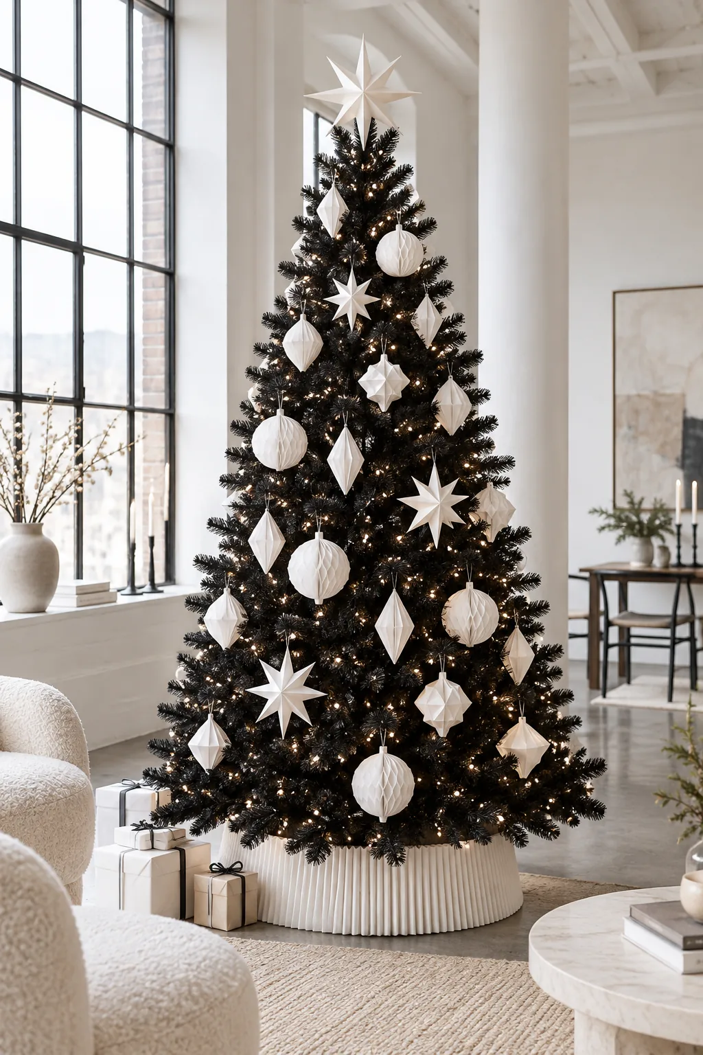 Black Christmas tree decorated simply with white geometric paper ornaments and bright white lights.