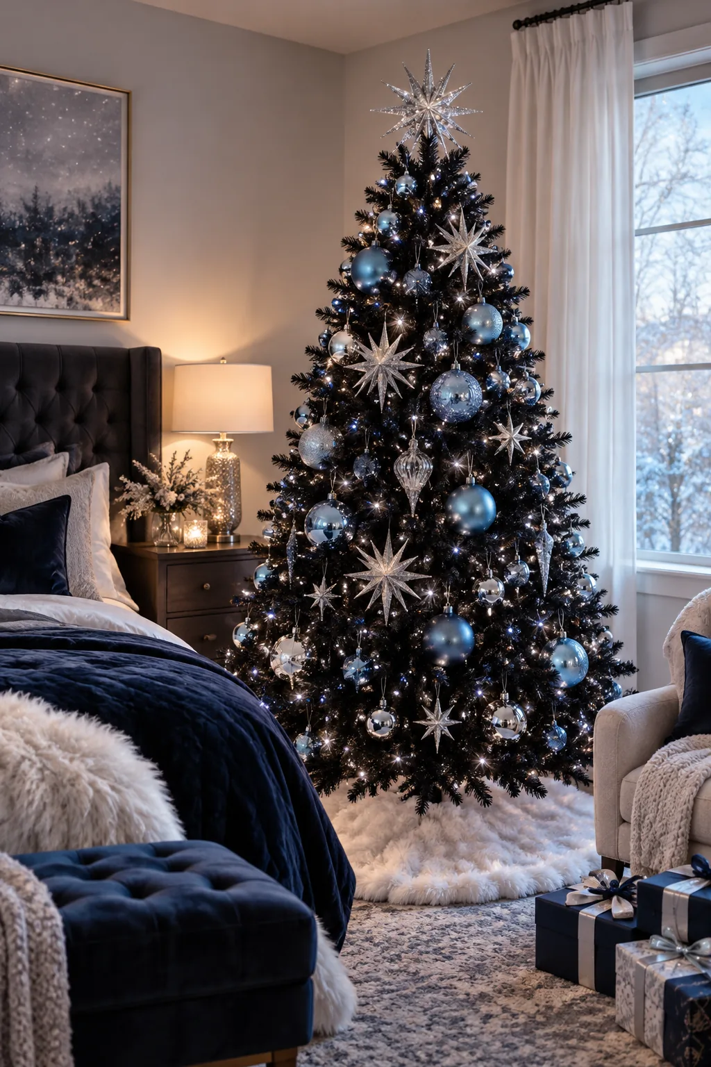 Black Christmas tree decorated with silver stars and icy blue glass baubles.