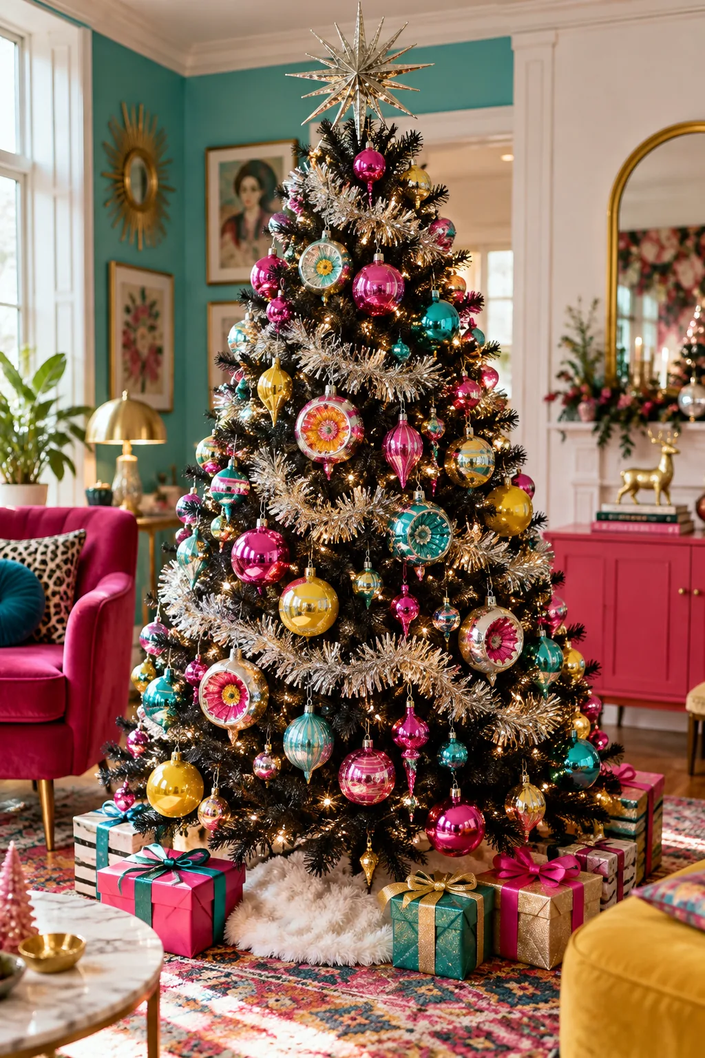 Black Christmas tree covered in bright pink, teal, and yellow retro glass ornaments and silver tinsel.